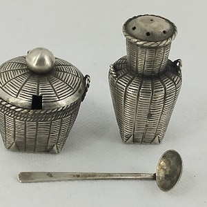 Chinese Export Silver Salt Shaker Pepper Lidded Bowl with Spoon