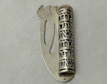 Vintage Judaica Silver 925 Mezuzah Case with a  Cut Out Hebrew Blessing