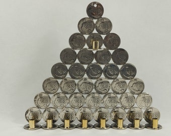 Judaica Hanukkah Menorah Handmade with 1980s Israel 44 Menorah Coins