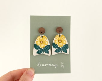 Rifle Paper Co Earrings - Fabric and Wood Studs - Stainless Steel (Hypo Allergenic) - Yellow Flower Design - Gift For Her