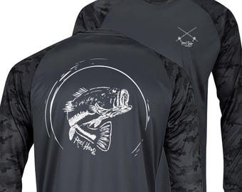 Bass Camo Fishing Shirt UPF 50 Long Sleeve Largemouth Bass Performance Shirt Lightweight Sun Protection