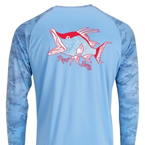 Hogfish Spearfishing UPF 50+ Performance Shirt, Camo Sleeves, Ladies V-neck Hogfish Shirt