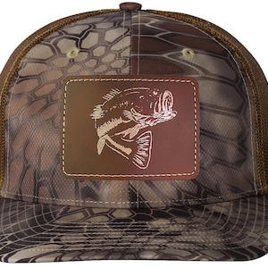 Bass Fishing Leather Patch Trucker Hat, Richardson 112PFP Leather Patch Bass Hat, Mens Bass Fishing Patch Hat, Richardson Kryptek Bass Hat