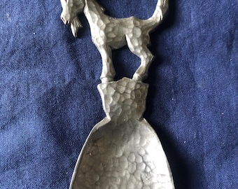 Vintage Pewter Goat Caddy Serving spoon TINN Norway hammered Mid Century