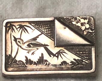 Rare Vintage Silver Rectangular Brooch Depicting a Song Bird In flight