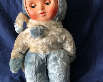 Vintage BRITEYES Plastic Face 19" Straw Plush Baby Blue Sleepy Doll RARE 13" Tag 1950s Toy