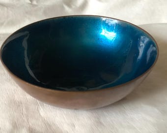 Vintage Mid-Century Blue Enamel and Copper Bowl Hand-Crafted Modernist 1960s Arts And Crafts English