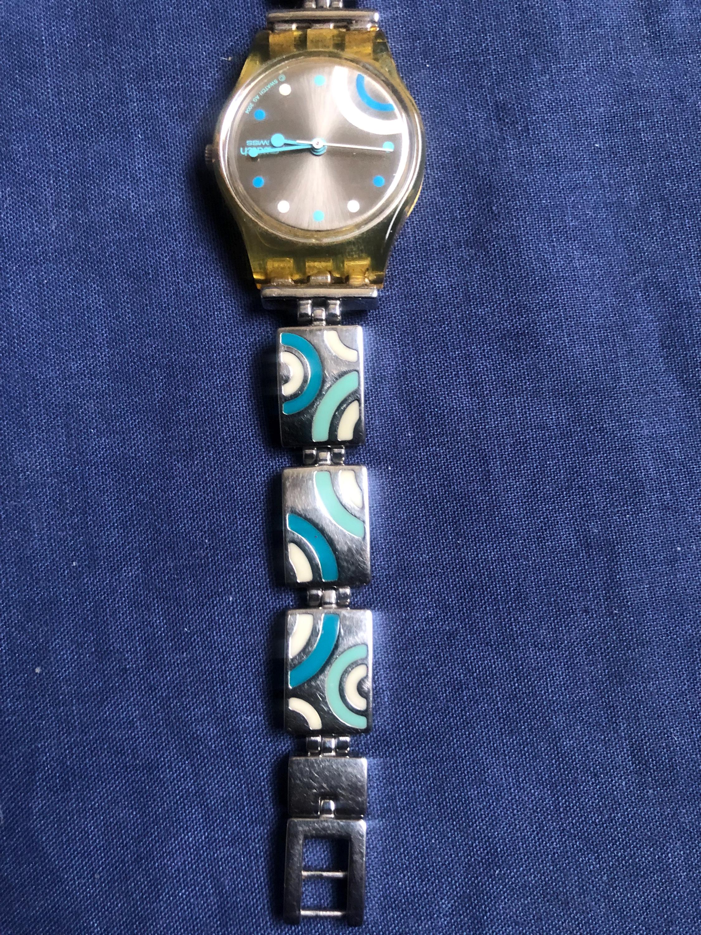 Swatch Womens Watch 31mm Blue Dial Clear Case Brown Leather Date New Battery Swatch Unisex Watch - Time to Swatch Windy Dune Blue Dial  main image 2