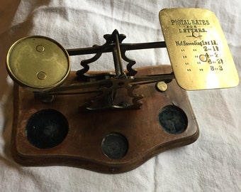 Rare Vintage Set of Brass & Walnut Postal Letter Scales Johnson Brothers Birmingham