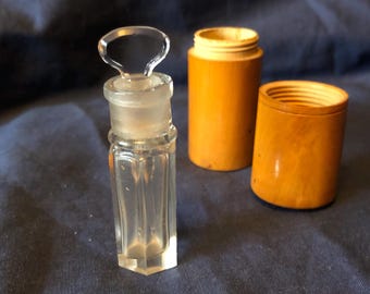Antique Miniature HOUBIGANT PARIS Wood Cased Cut Glass Perfume Bottle Maybe Lalique