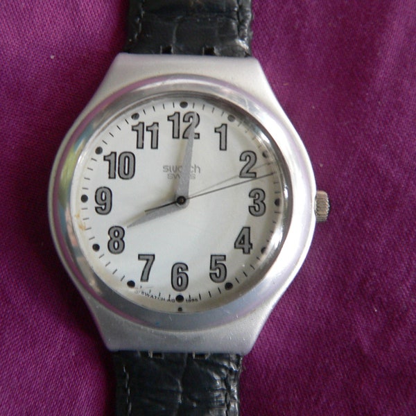 Swatch Irony Big Nightflight YGS 1000 leather strap Champagne Face New Battery 1995