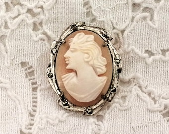 Shell cameo pendant brooch, 800 silver and Marcasite vintage jewellery, left facing cameo