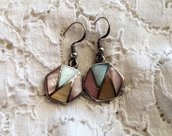 Mother of Pearl sterling silver drop earrings, blue pink and yellow shell, vintage 1990s