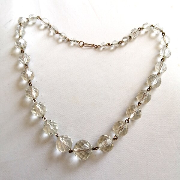Art Deco clear glass beaded rolled gold wire necklace 15.75 inches, 1920s 1930s vintage jewellery