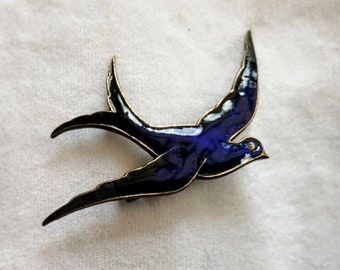 Blue enamel swallow brooch, bluebird lapel pin, enamel and brass, vintage jewellery