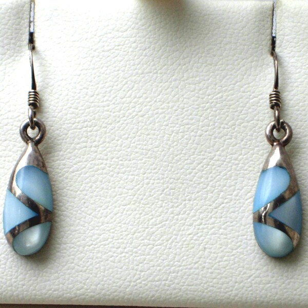 Vintage sterling silver earrings, blue Mother of Pearl drop earrings, dangling teardrop earrings, vintage silver jewellery