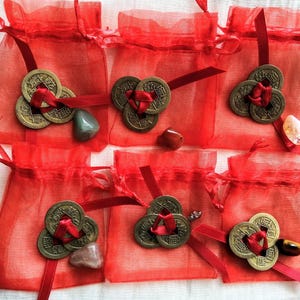 Feng Shui charm 3 Chinese coins red ribbon & crystal x1, Aventurine, Carnelian, Citrine, Pyrite, Tigers eye, wealth corner