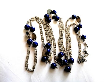 Lapis glass beaded necklace, flapper length 57 inches vintage 1920s - 30s