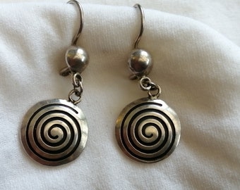 Sterling silver spiral drop earrings, 950 silver vintage jewellery