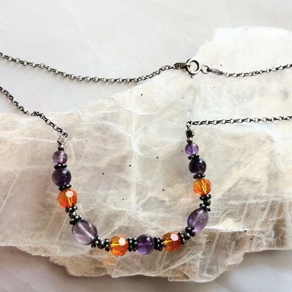 Sterling silver necklace with Amethyst and orange crystal beads, vintage jewellery 16 inches