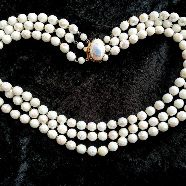 White glass beaded necklace with AB coating triple strand, David A Grau vintage jewellery