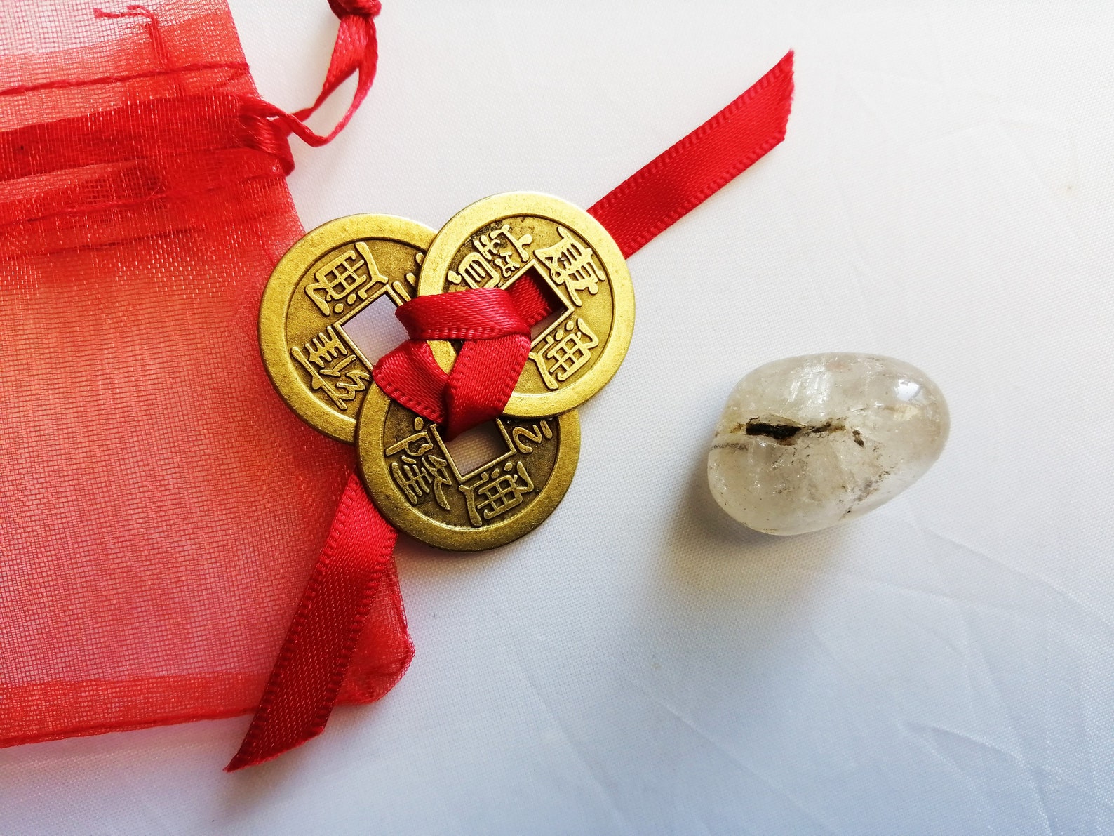 Feng Shui Three Chinese Coins Tied With Red Ribbon and Natural Etsy