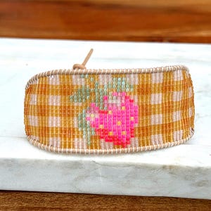 Neon Strawberry Bead Loom Woven Art Bracelet with Yellow and baby pink Gingham, adjustable leather trim bracelet