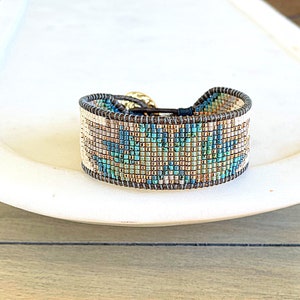 Turquoise and Sage Starburst Beaded Loom Woven Bracelet - Etsy