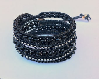 Bohemian Boho Onyx Macrame bracelet 5x wrap, leather wrap bracelet, beaded bracelet