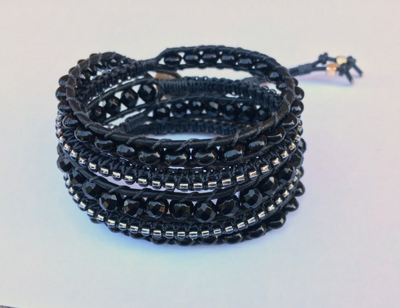 Bohemian Boho Onyx Macrame bracelet 5x wrap leather wrap | Etsy