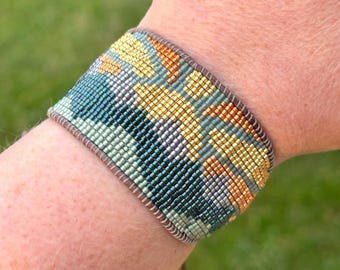 Mountain Sunshine Bead Loom Woven Adjustable Bracelet with Leather Trim