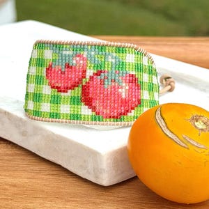 Bead Loom Woven Tomato Bracelet with Green Gingham Background, market fresh collection, slide adjustable with leather trim