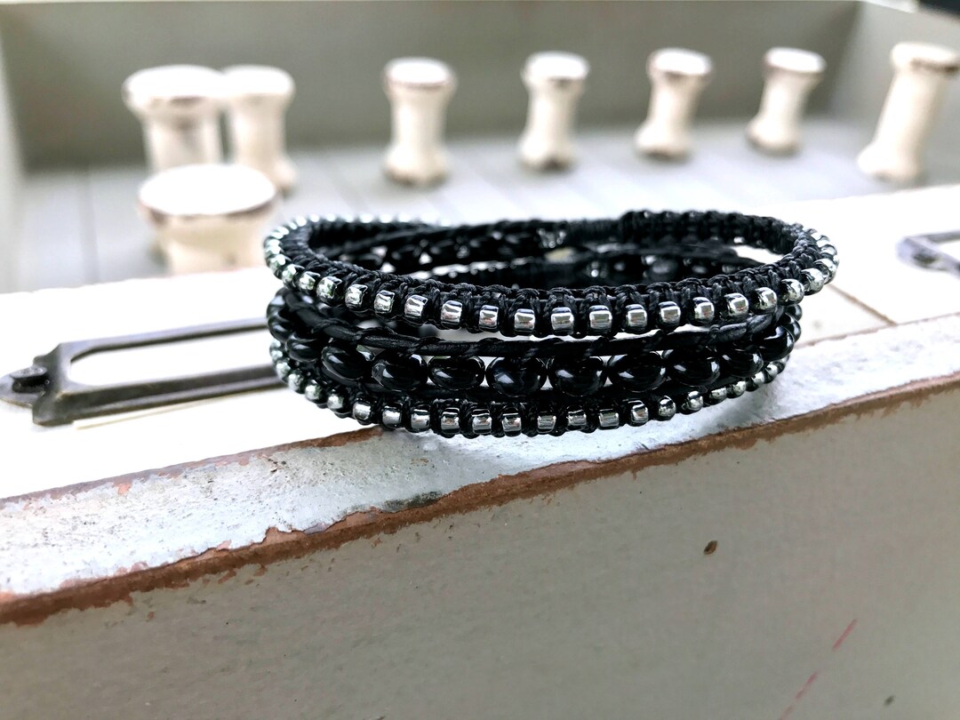 Macrame Leather Black Agate Beaded Wrap Bracelet Boho - Etsy