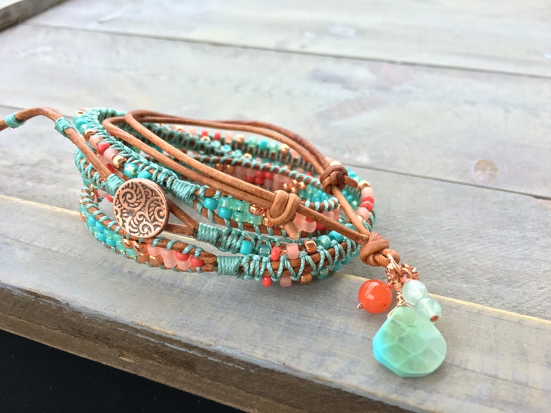 Coral Turquoise and Copper handmade Boho Bracelet bohemian macrame bracelet 3x macrame Leather Wrap Bracelet