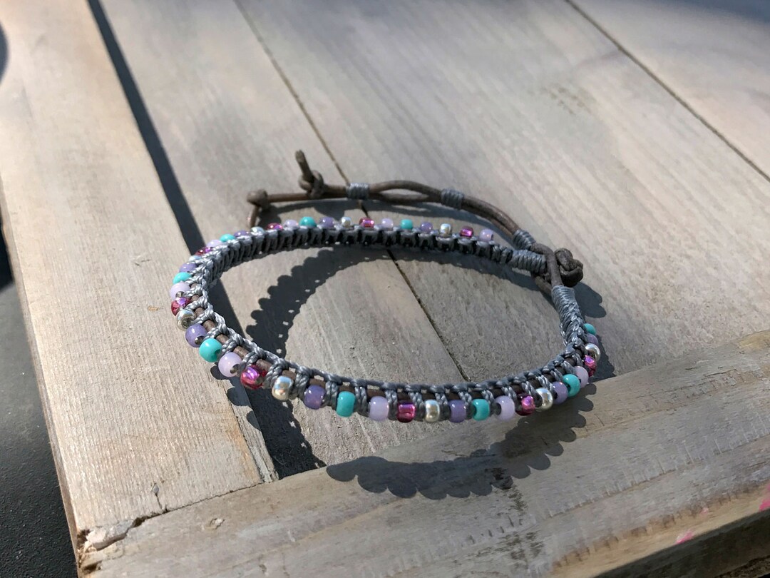 Purple Aqua and Pink Top Beaded Macrame Woven Leather Stack - Etsy