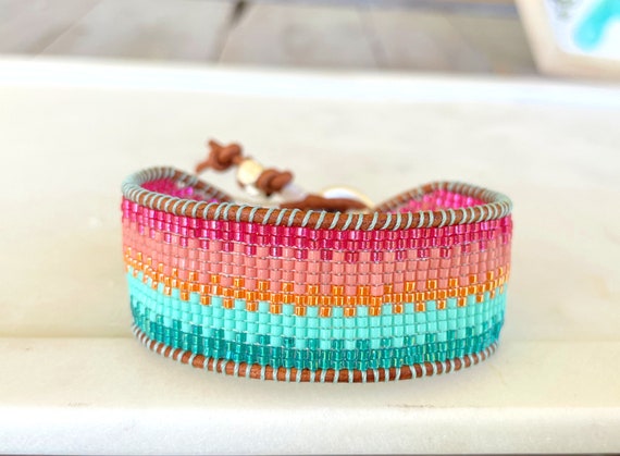 Ombre Bright Rainbow Hand Beaded Cuff Bracelet, Loom Woven ombre bracelet,  Bridesmaid gift, bridesmaid bracelet