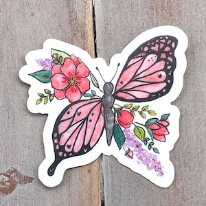 Floral butterfly Watercolor Waterproof Vinyl Sticker butterfly sticker, bumper sticker, sticker for water bottle pink butterfly sticker