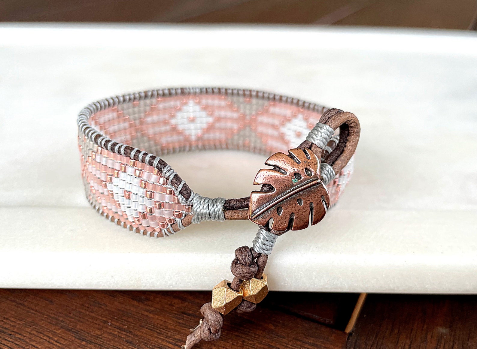 Blush,gray, and Rose Gold Diamond Loom Woven Bracelet , Gift for Her ...