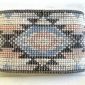 Neutral Gray, Tan, Silver Bead Loom Woven Wide Beaded Cuff Bracelet, Western Loom Bracelet,  gift for her, beaded bracelet
