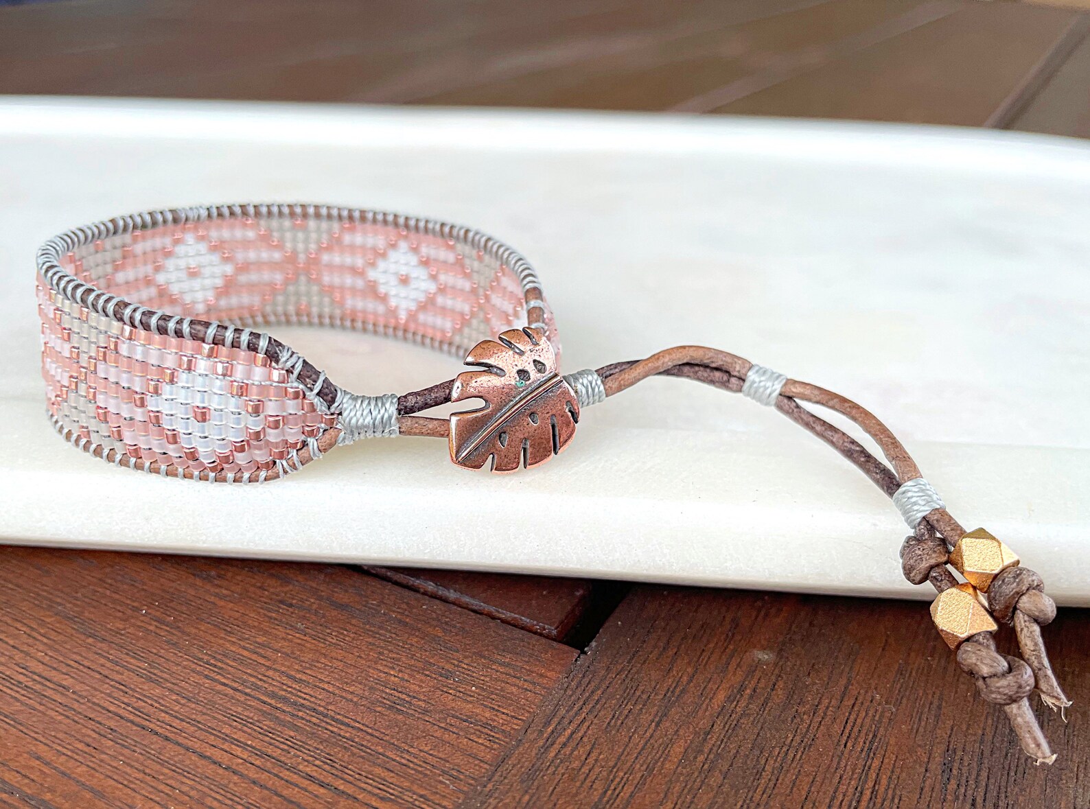 Blush,gray, and Rose Gold Diamond Loom Woven Bracelet , Gift for Her ...