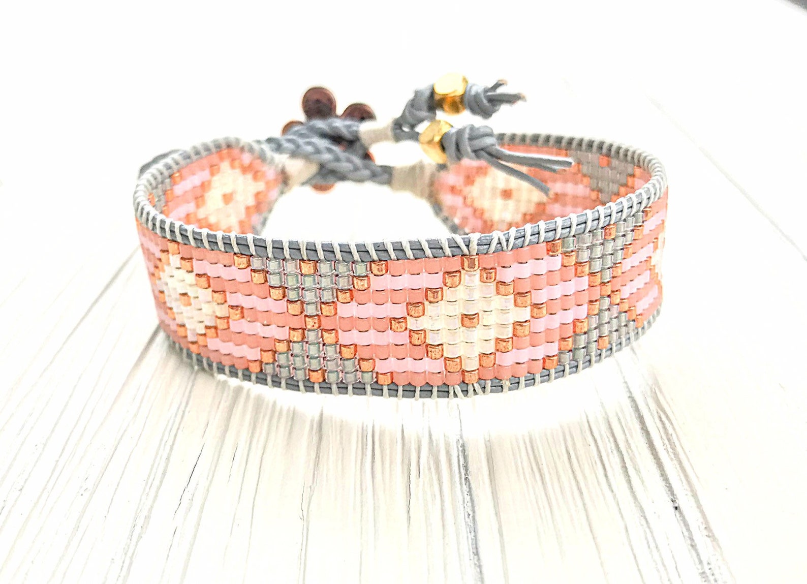 Blushgray and Rose Gold Diamond Loom Woven Bracelet Gift | Etsy