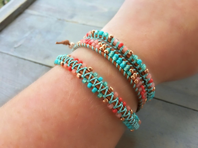 Coral Turquoise and Copper handmade Boho Bracelet bohemian macrame bracelet 3x macrame Leather Wrap Bracelet