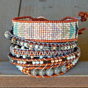 Copper Navy and Blush Loom and Macrame Bracelet stack set