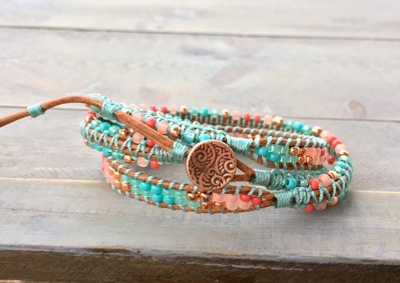 Coral Turquoise and Copper handmade Boho Bracelet bohemian macrame bracelet 3x macrame Leather Wrap Bracelet