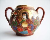 Antique Japanese Taisho period Satsuma moriage style gilded porcelain sugar bowl - Hand painded - Brown-gold - Japanese porcelain - Sky blue