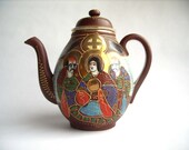 Antique Japanese Taisho period Satsuma moriage style gilded porcelain teapot with lid - Hand painded - Japanese porcelain - Sky blue