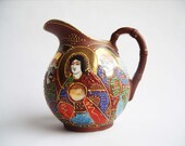 Antique Japanese Taisho period Satsuma moriage style gilded porcelain creamer - Hand painded - Brown and gold - Japanese porcelain, Sky blue