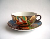 Antique Japanese Taisho period Satsuma moriage style gilded porcelain tea cup and saucer - Hand painted - Japanese porcelain -Brown and blue