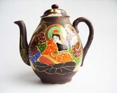 Antique Japanese Taisho period Satsuma moriage style gilded porcelain teapot with lid - Hand painded - Japanese porcelain - Brown and blue