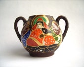Antique Japanese Taisho period Satsuma moriage style gilded porcelain sugar bowl - Hand painded - Brown, gold and blue - Japanese porcelain
